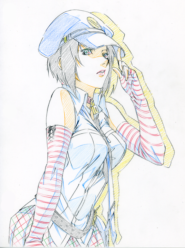 1girl, atlus, bag, bare_shoulders, belt, between_breasts, breasts, choker, elbow_gloves, female_focus, fingerless_gloves, gloves, handbag, hat, hat_tip, marie_(persona_4), necktie, peaked_cap, persona, persona_4, persona_4_the_golden, sey, shirt, short_hair, sleeveless, sleeveless_shirt, solo, strap_between_breasts, striped