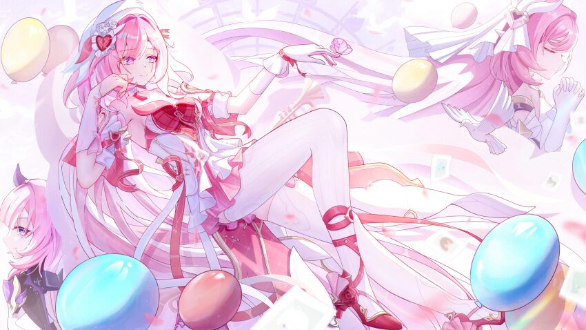 1girl, absurdres, ang55523671, balloon, bare_shoulders, bird, breasts, chinese_commentary