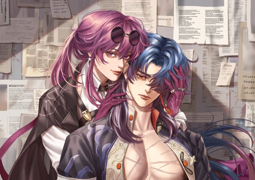 1boy, 1girl, alientomoe, black_jacket, blade_(honkai:_star_rail), eyewear_on_head, gloves, gradient_hair