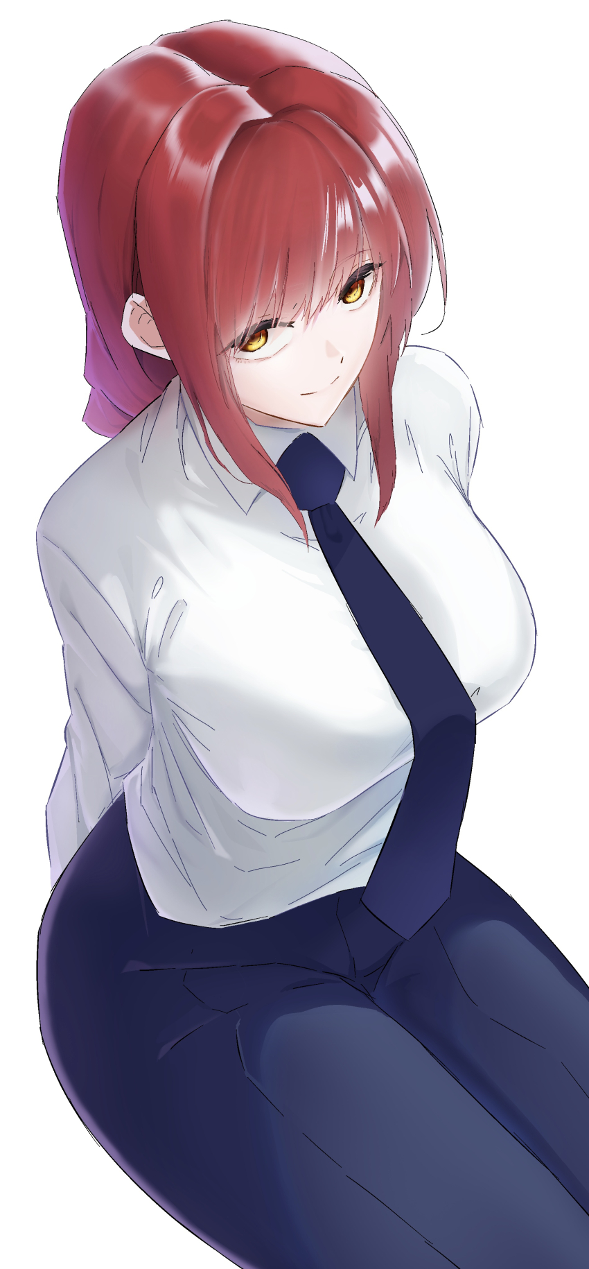 1girl, absurdres, arms_behind_back, black_necktie, black_pants, breasts, chainsaw_man, closed_mouth