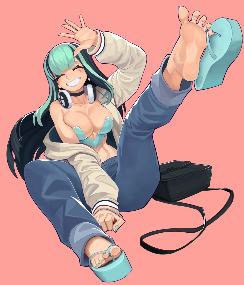 1girl, aqua_hair, aqua_sandals, bag, black_bag, black_hair, blue_pants, breasts
