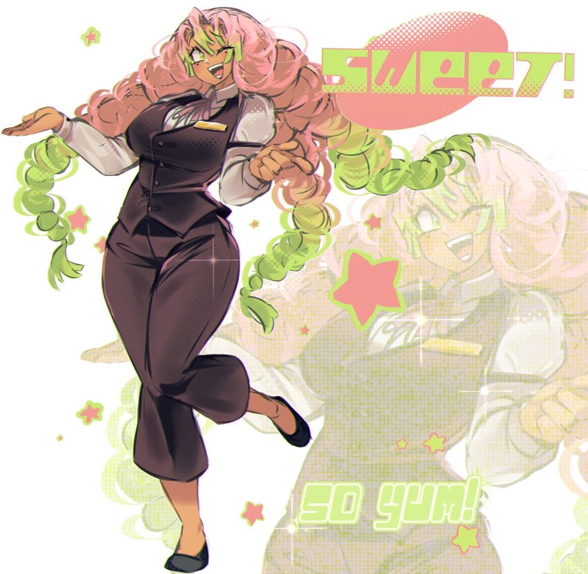 1girl, :d, absurdres, black_pants, black_shoes, black_vest, bow, bowtie