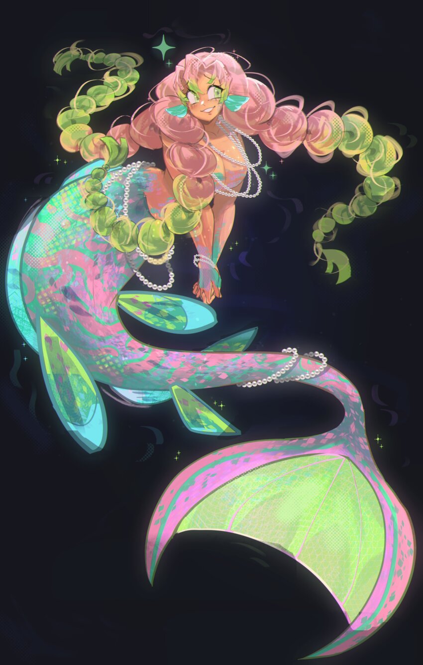 1girl, absurdres, blue_background, breasts, cleavage, estrotengen, fins, full_body, gradient_hair, green_eyes, green_hair, head_fins, highres, jewelry, kanroji_mitsuri, kimetsu_no_yaiba, large_breasts, looking_at_viewer, mermaid, mole, mole_under_each_eye, mole_under_eye, monster_girl, multicolored_hair, multiple_moles, necklace, pearl_necklace, pink_hair, simple_background, solo, sparkle, standing, topless_female, tri_braids, two-tone_hair