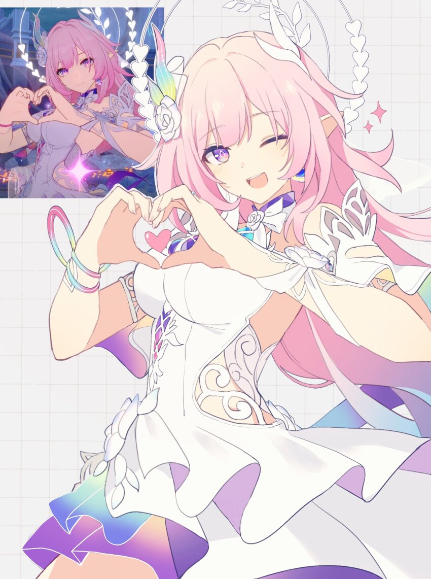 1girl, ;o, breasts, clothing_cutout, cyrene_(honkai:_star_rail), cyrene_(demiurge)_(honkai:_star_rail), diamond-shaped_pupils, diamond_(shape)