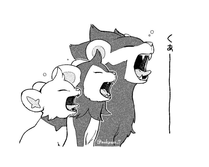 aokawa_7, body_fur, closed_eyes, commentary_request, evolutionary_line, fangs, gen_4_pokemon, highres, luxio, luxray, mane, monochrome, nintendo, no_humans, open_mouth, pokemon, pokemon_(creature), pokemon_focus, shinx, simple_background, tongue, tongue_out, translation_request, twitter_username, upper_body, watermark, white_background, yawning