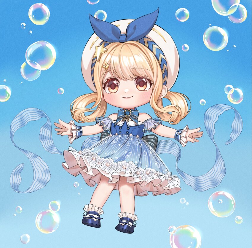 1girl, alientomoe, blonde_hair, blue_background, blue_bow, blue_bowtie, blue_dress, blue_shoes