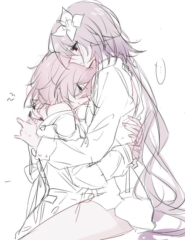 ..., 2girls, ame_amean, between_legs, black_nails, closed_eyes, closed_mouth, collared_shirt