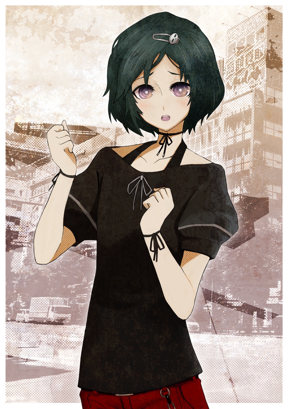1boy, akihabara_(tokyo), belt, black_belt, black_hair, black_ribbon, black_shirt, blush, bob_cut, bracelet, casual, chain, choker, clenched_hands, collarbone, goth_fashion, hair_ornament, hairclip, highres, jewelry, non-web_source, open_mouth, outdoors, pink_eyes, puffy_short_sleeves, puffy_sleeves, red_shorts, ribbon, ribbon_choker, science_adventure, secretter, shirt, short_hair, short_sleeves, shorts, skull_hair_ornament, solo, square_pupils, steins;gate, tank_top, teeth, tongue, trap, upper_teeth_only, urushibara_luka, white_ribbon