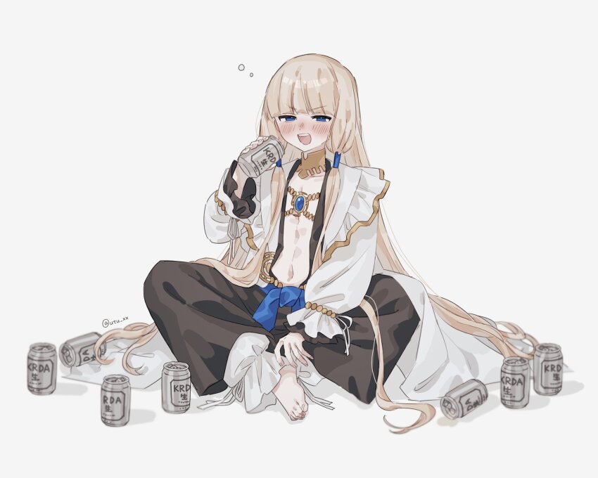 1boy, barefoot, beer_can, blonde_hair, blue_eyes, blush, can, drink_can