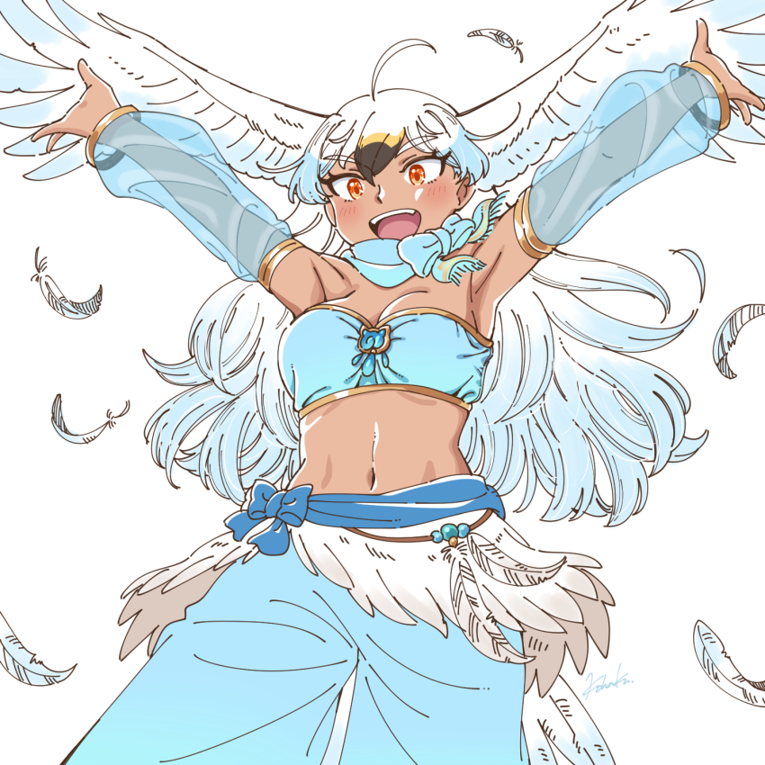 1girl, ahoge, armpits, arms_up, bird_girl, bird_tail, bird_wings, black_hair, blonde_hair, blue_pants, blush, bouncing_breasts, breasts, dark-skinned_female, dark_skin, feathers, hair_between_eyes, harem_outfit, harem_pants, head_wings, highres, japari_symbol, kemono_friends, kohaku_(kohakumochi), large_breasts, long_hair, looking_at_viewer, multicolored_hair, navel, open_hands, open_mouth, original, outstretched_arms, outstretched_hand, pants, personification, red_eyes, scarf, simple_background, smile, solo, spread_arms, spread_wings, stomach, strapless, tail, tube_top, unaligned_breasts, very_long_hair, white_background, white_hair, wings