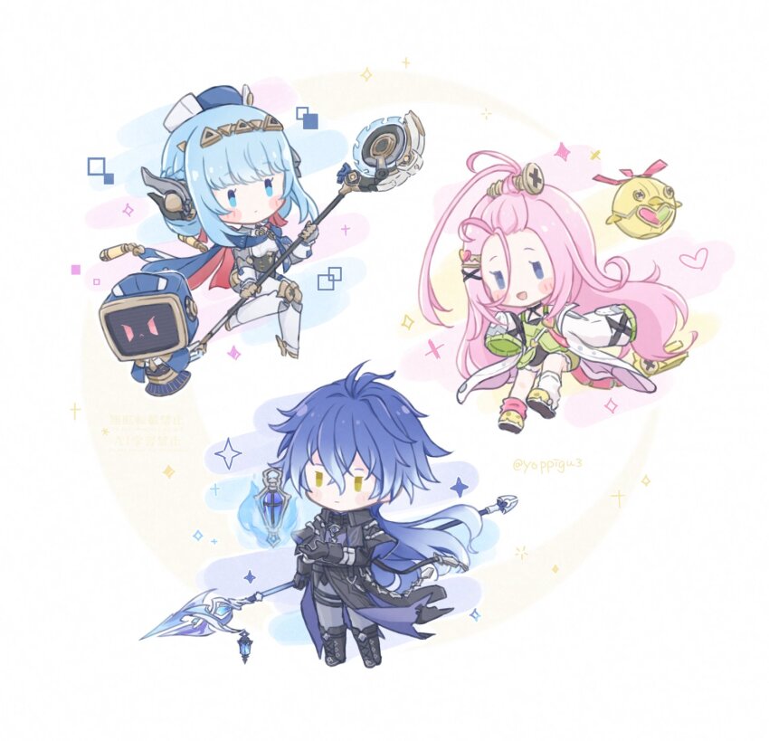 1boy, 2girls, :d, ahoge, aino_(genshin_impact), antenna_hair, artist_name, asymmetrical_legwear