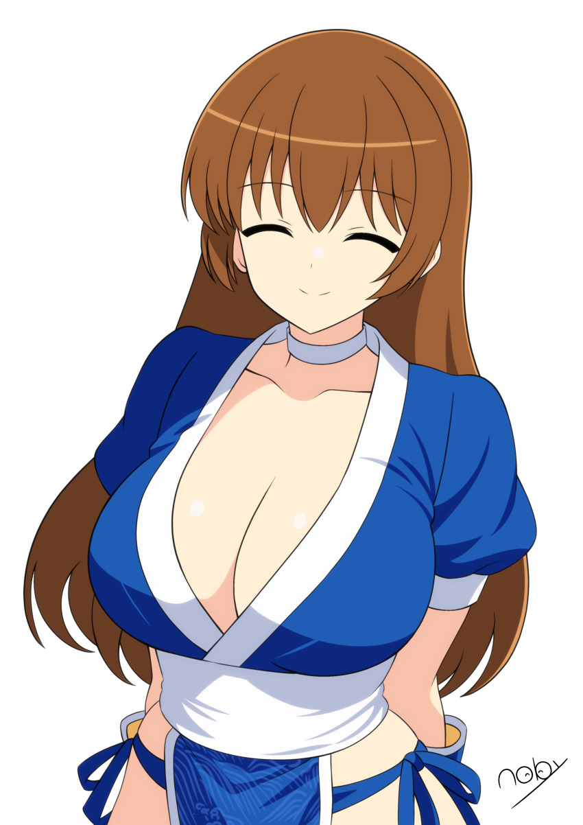 1girl, ^_^, absurdres, arms_behind_back, artist_name, blue_kimono, breasts, brown_hair