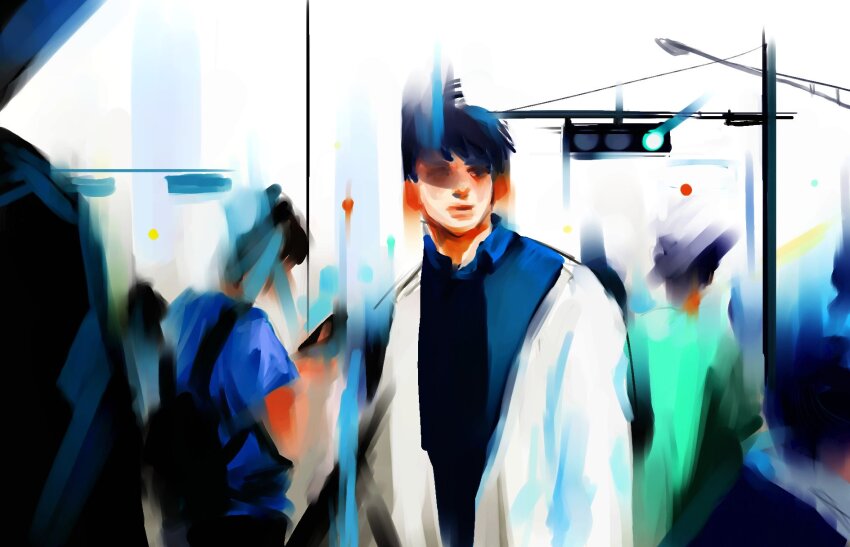 6+others, awl_inthe_world, black_eyes, black_hair, black_shirt, blurry, bokeh, censored