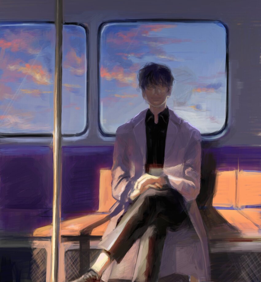 1boy, awl_inthe_world, black_hair, black_shirt, coat, collared_shirt, crossed_legs, faceless
