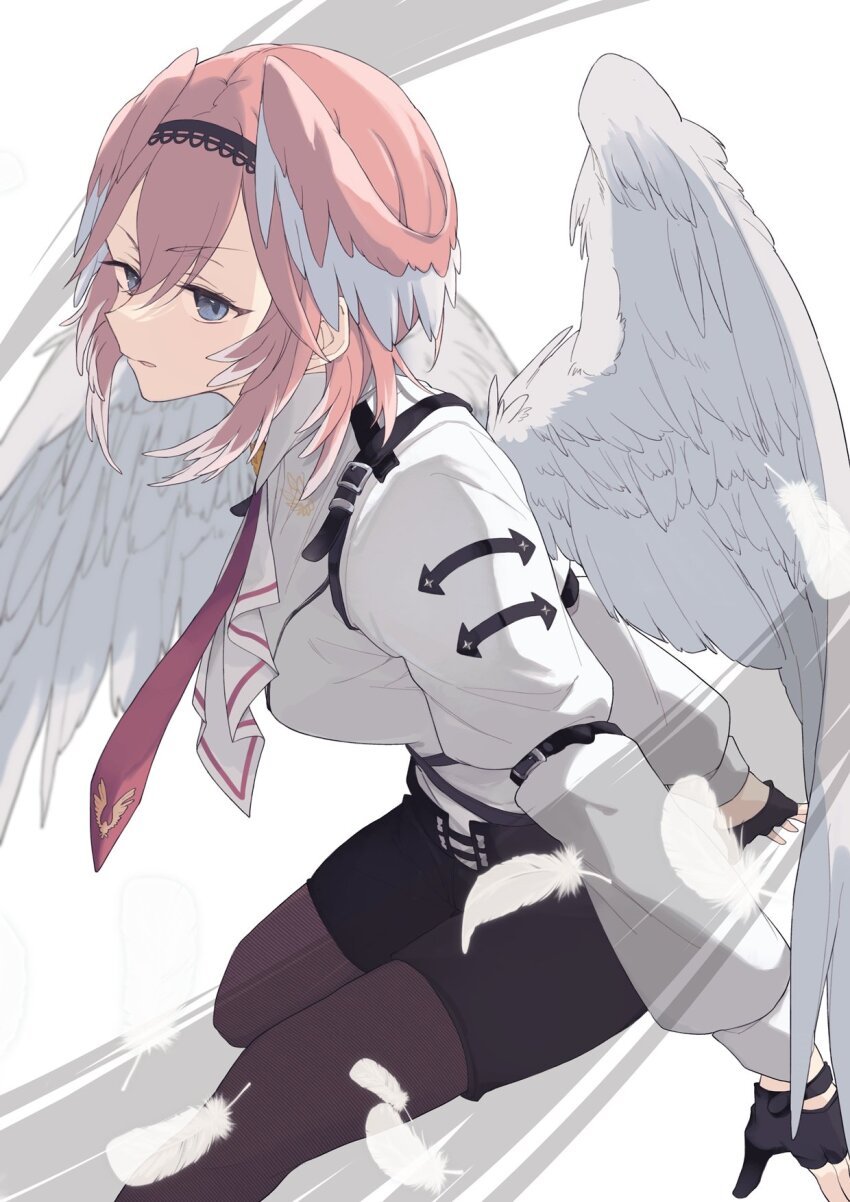 black_gloves, black_pantyhose, blue_eyes, breasts, fingerless_gloves, gloves, hair_between_eyes, head_wings