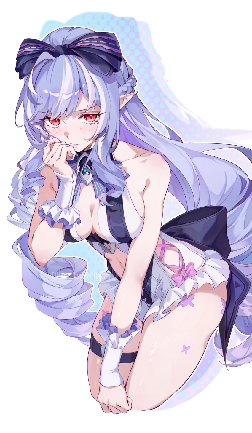 1girl, artist_name, bare_shoulders, blush, bow, bowtie, braid, breasts