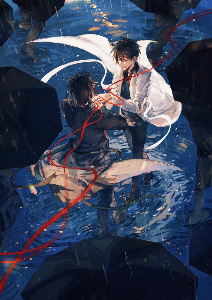 2boys, 6+others, :d, black_coat, black_hair, black_shirt, black_umbrella, breathing742105