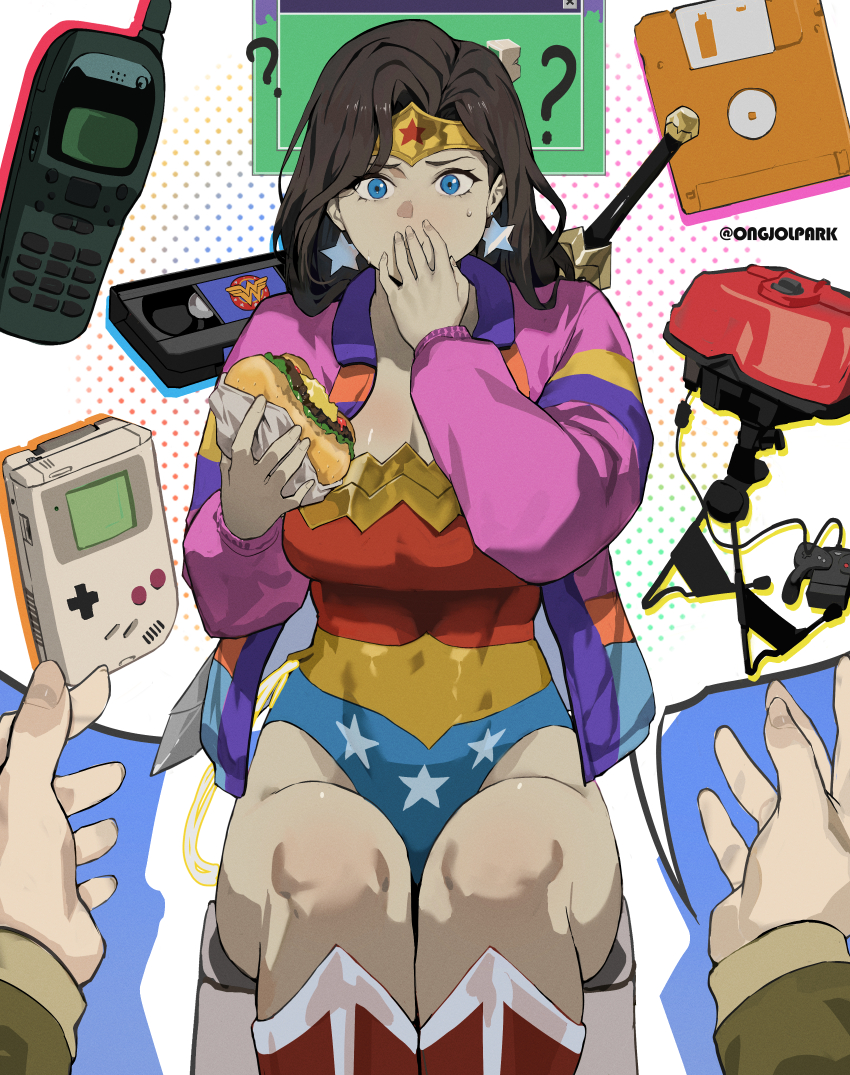 1boy, 1girl, ?, absurdres, blue_eyes, breasts, brown_hair, burger, cassette_tape, cleavage, commentary, covering_own_mouth, dc_comics, earrings, english_commentary, floppy_disk, food, game_boy, game_console, hand_over_own_mouth, handheld_game_console, highres, holding, holding_burger, holding_food, jewelry, lasso, lasso_of_truth, leotard, long_hair, park_ongjol, phone, speech_bubble, star_(symbol), star_earrings, star_print, steve_trevor, superhero_costume, sword, sword_on_back, twitter_username, virtual_boy, weapon, weapon_on_back, wonder_woman, wonder_woman_(series)