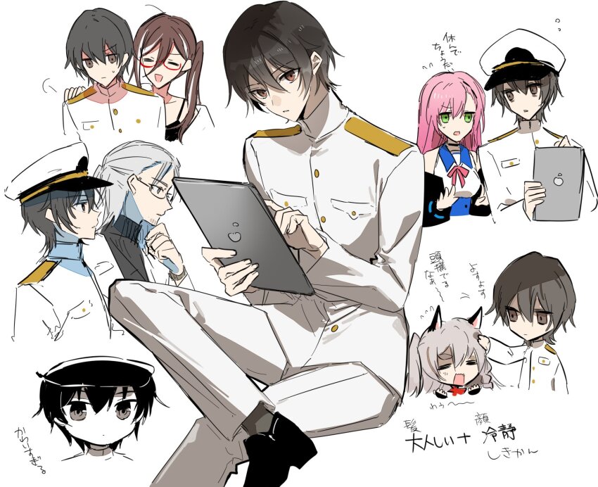 2boys, 3girls, amazuki_jou, animal_ears, azur_lane, bags_under_eyes, black_hair, black_shoes