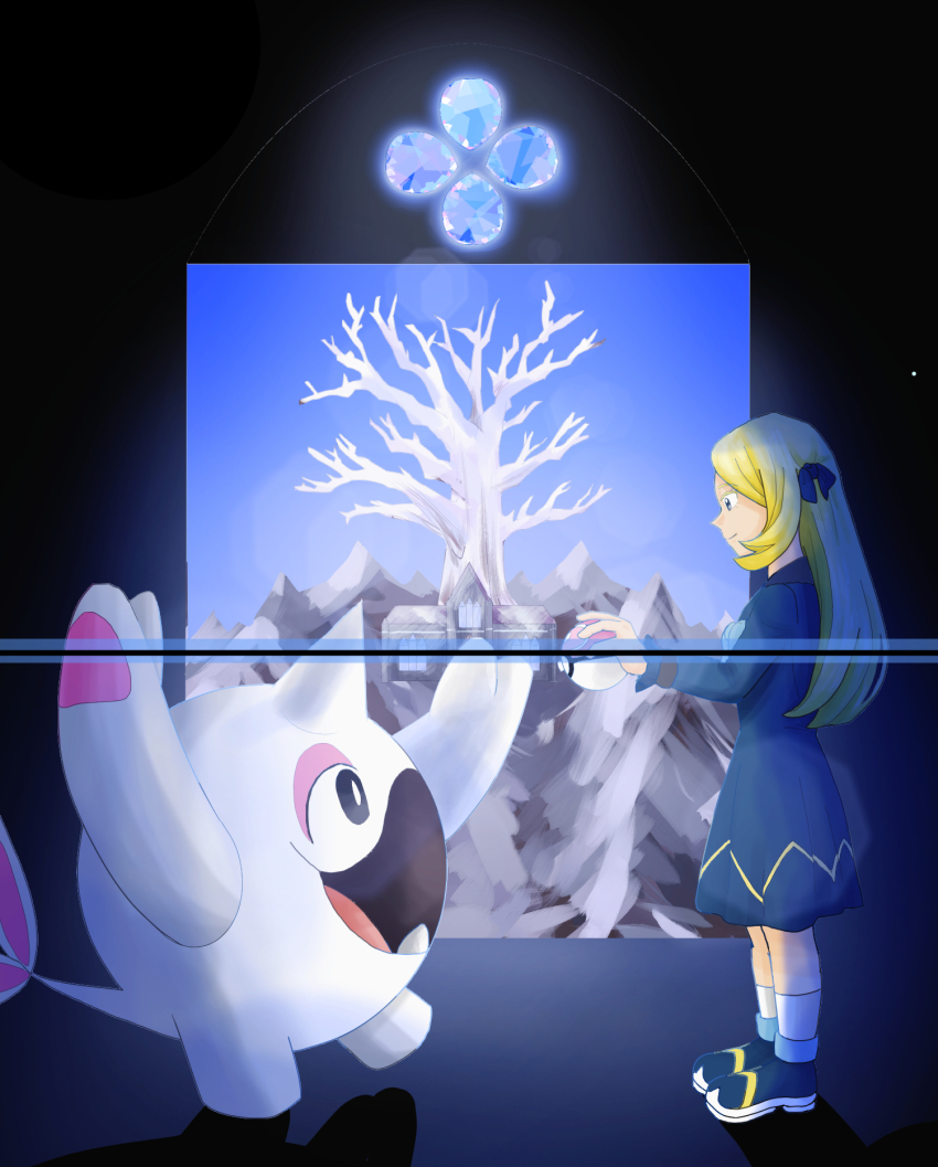 1girl, aged_down, blonde_hair, cetoddle, cynthia_(pokemon), dress, gem, gen_9_pokemon