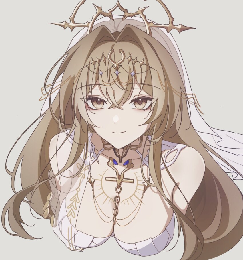 1girl, breasts, brown_eyes, brown_hair, character_request, dooyam_830, dress, grey_background