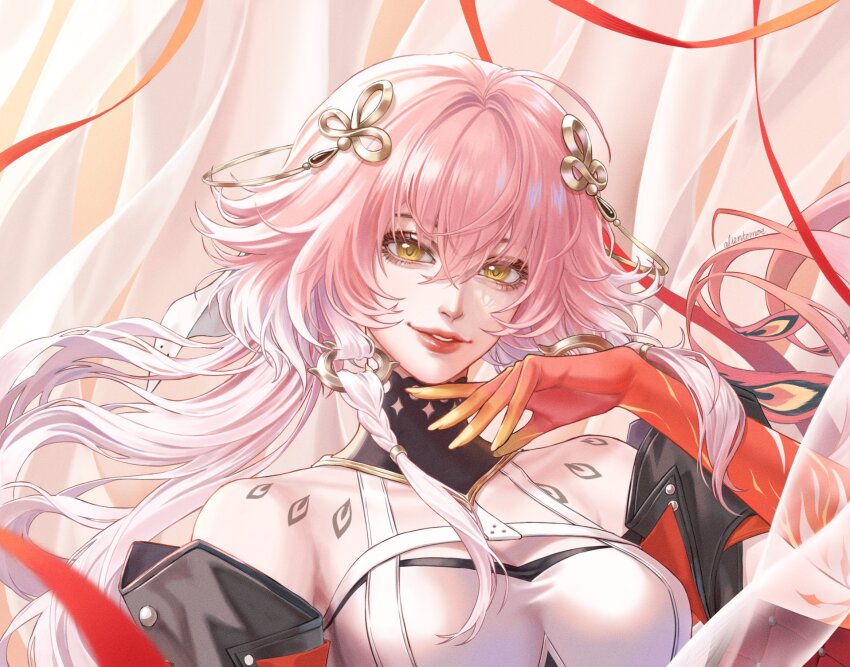 1girl, alientomoe, bare_shoulders, breasts, changli_(wuthering_waves), colored_extremities, dress, floating_hair