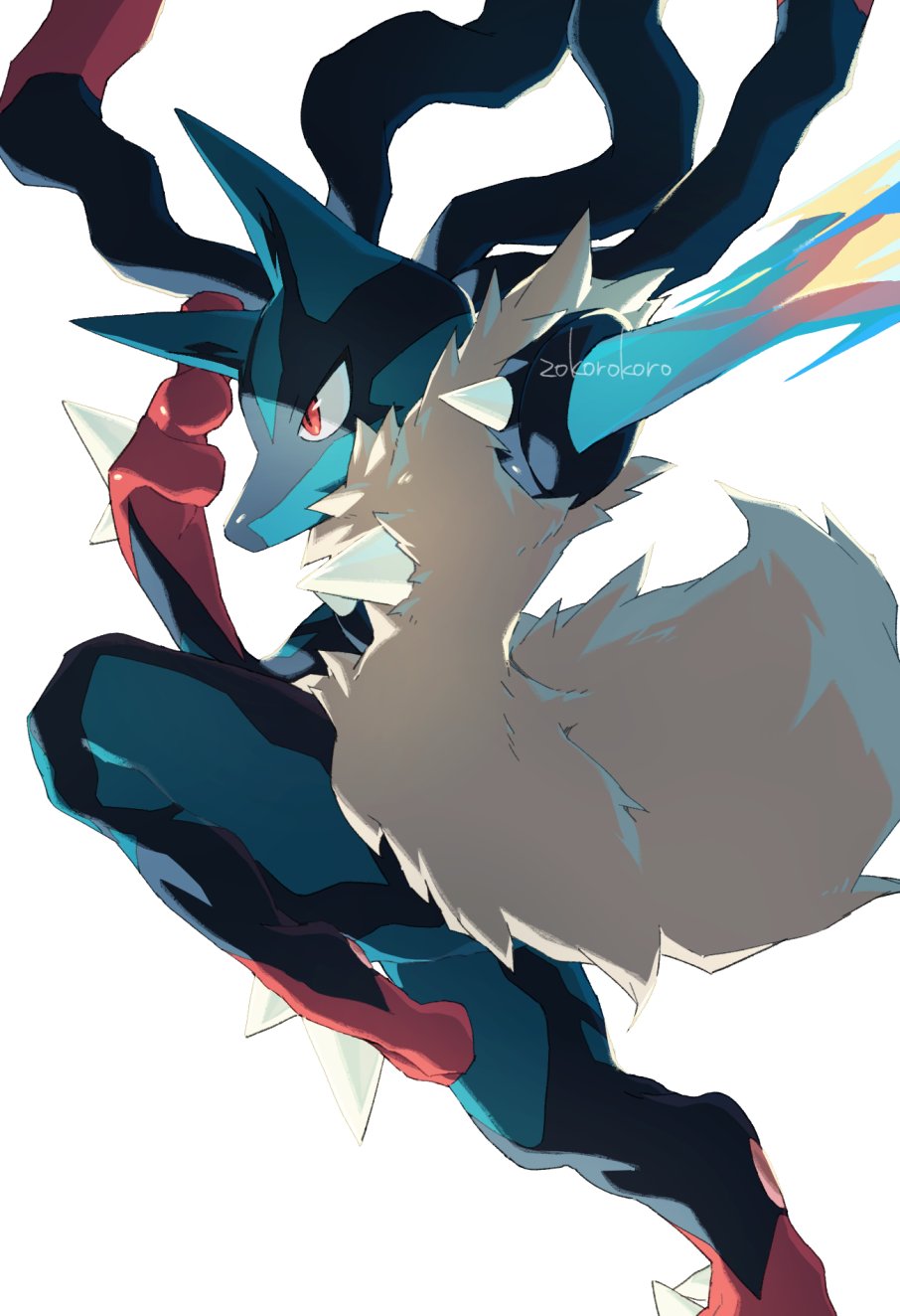 1other, black_fur, blue_fur, furry, gen_4_pokemon, highres, korosliszt, lucario, mega_lucario, mega_pokemon, multicolored_fur, nintendo, pokemon, pokemon_(creature), pokemon_focus, red_eyes, red_fur, simple_background, solo, spikes, white_background, yellow_fur