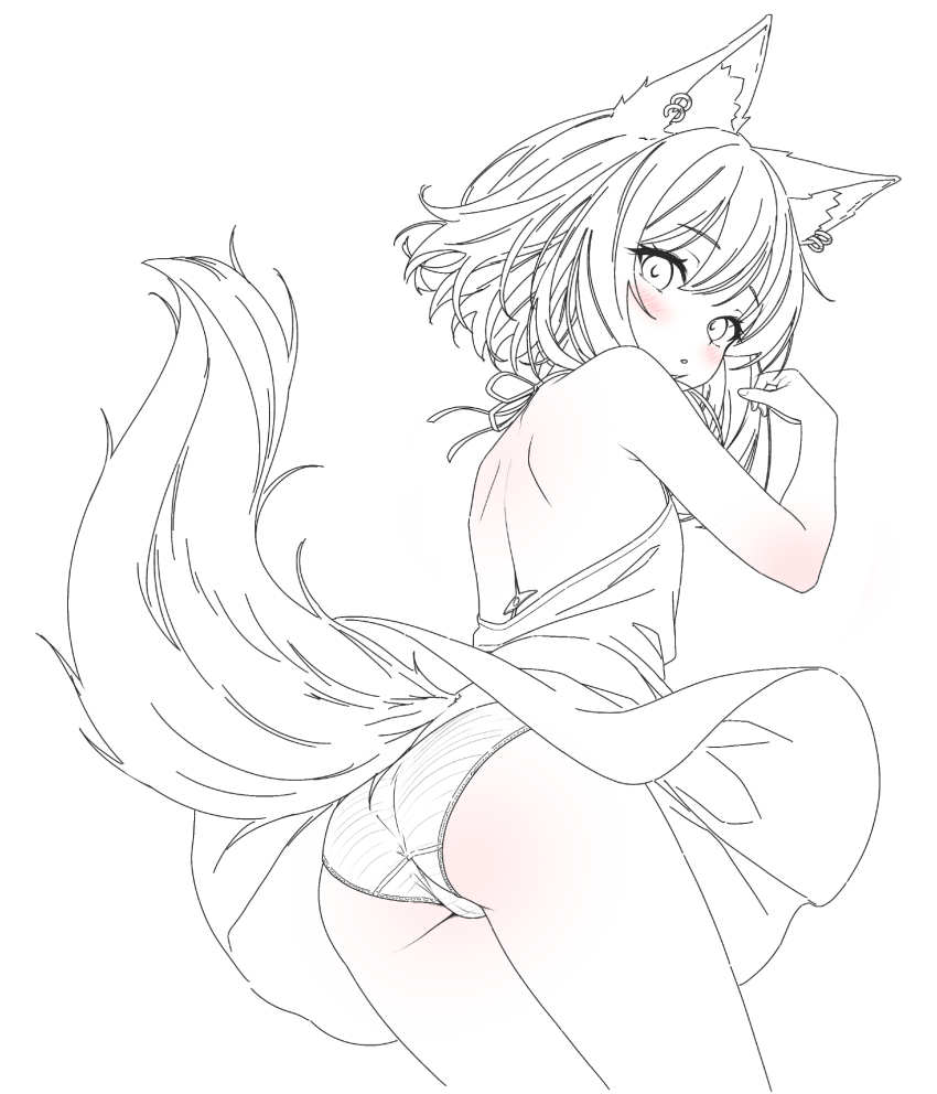1girl, animal_ear_fluff, animal_ear_piercing, animal_ears, arazand, ass, backless_dress, backless_outfit, bare_back, bare_shoulders, blush, borrowed_character, cameltoe, clothes_lift, commentary, cowboy_shot, dress, dress_lift, english_commentary, fox_ears, fox_girl, fox_tail, from_behind, from_below, gold_(mantafriend), hair_between_eyes, halter_dress, halterneck, hands_up, highres, legs_together, lineart, looking_at_viewer, looking_back, original, panties, pantyshot, parted_lips, short_dress, short_hair, solo, spot_color, striped_clothes, striped_panties, tail, underwear