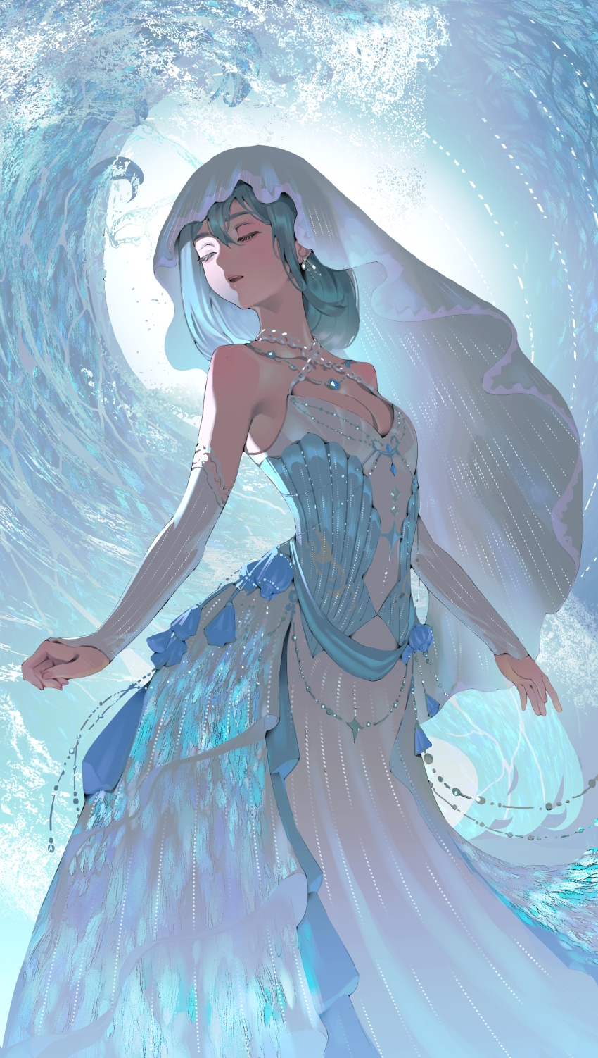 1girl, absurdres, aqua_hair, arm_warmers, bare_shoulders, beads, blue_dress, breasts, caballero58, chinese_commentary, cleavage, closed_eyes, commentary_request, commission, daughter_of_the_lake_(infinity_nikki), dress, earrings, expressionless, feet_out_of_frame, frilled_arm_warmers, frills, hair_between_eyes, highres, infinity_nikki, jewelry, layered_dress, long_dress, medium_hair, necklace, nikki_(series), open_mouth, second-party_source, see-through_clothes, see-through_veil, sleeveless, sleeveless_dress, small_breasts, solo, spaghetti_strap, standing, veil, watermark, waves, white_arm_warmers, white_dress, white_veil