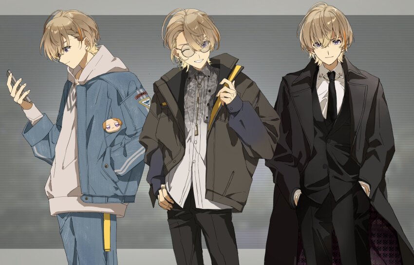 1boy, alternate_costume, black_coat, black_necktie, black_pants, black_suit, blue_jacket, blue_pants