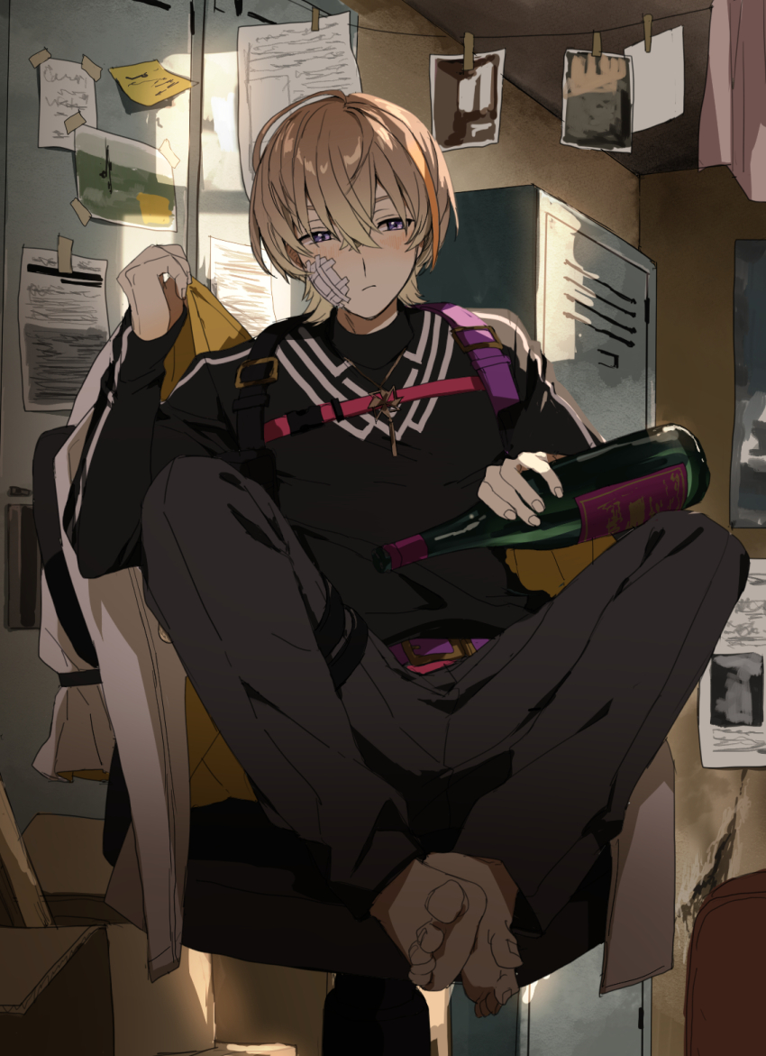 1boy, barefoot, black_pants, black_shirt, blush, bottle, brown_hair, chair