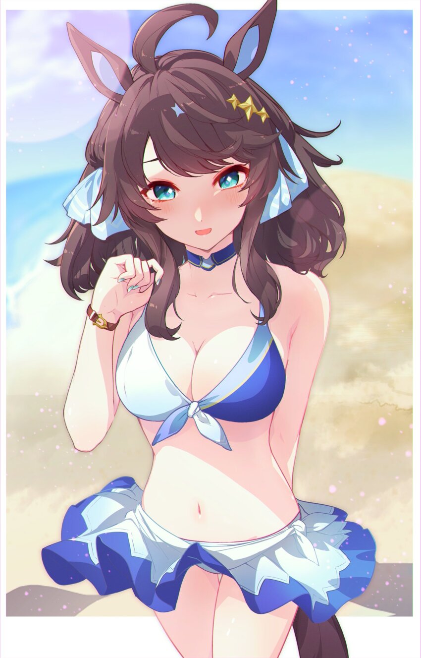 1girl, ahoge, animal_ears, bare_shoulders, beach, bikini, bikini_skirt, blue_bikini