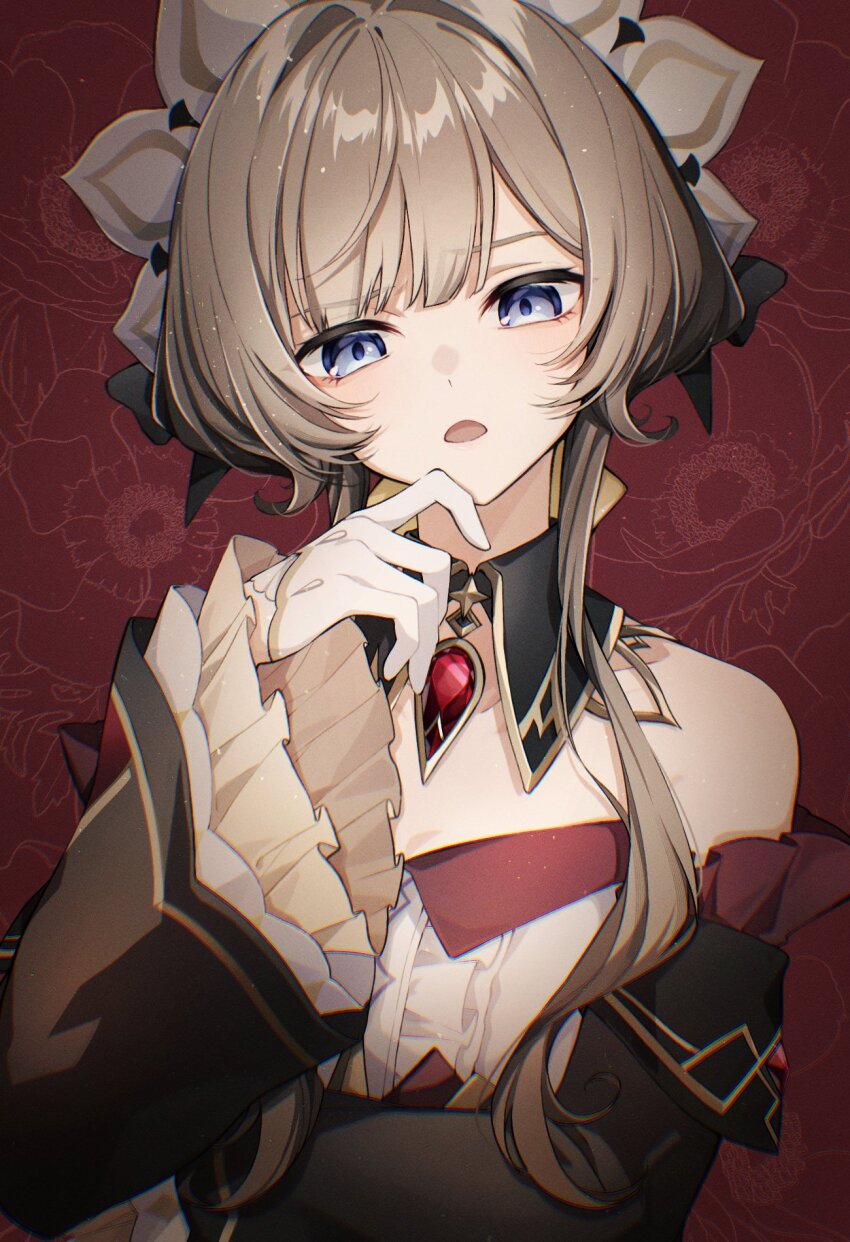 1girl, black_collar, blue_eyes, collar, commentary_request, detached_collar, gem, genshin_impact