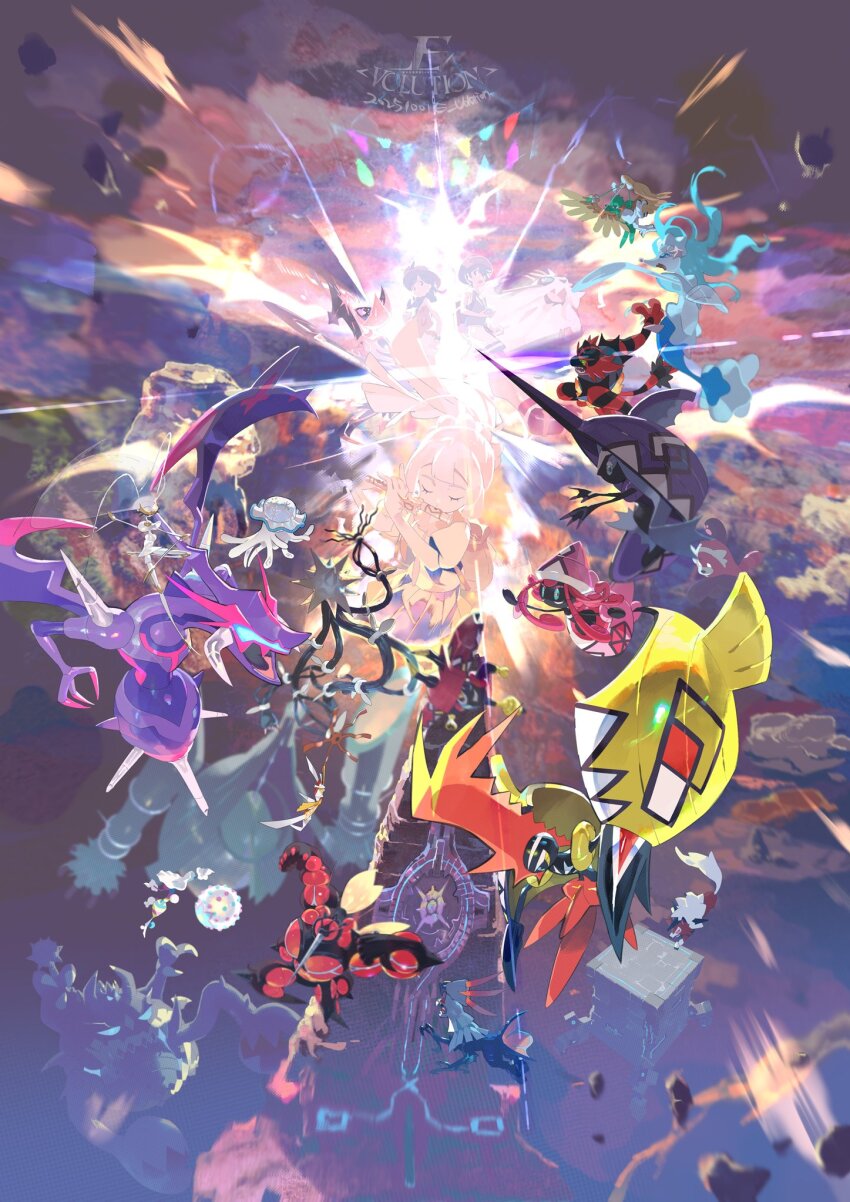 1boy, 1girl, 2girls, 6+others, antennae, artist_name, bewear, blacephalon, blue_hair, buzzwole, celesteela, claws, decidueye, disembodied_head, e_volution, elio_(pokemon), everyone, falling, fighting, flute, flying, gen_7_pokemon, guzzlord, highres, incineroar, insect_wings, instrument, kartana, legendary_pokemon, lillie_(pokemon), looking_at_another, lunala, lycanroc, lycanroc_(dusk), multiple_girls, multiple_others, muscular, music, naganadel, necrozma, necrozma_(ultra), nihilego, nintendo, obelisk, open_mouth, outstretched_arms, pheromosa, playing_flute, playing_instrument, pokemon, pokemon_(creature), pokemon_ultra_sun_and_ultra_moon, primarina, rock, selene_(pokemon), silvally, singing, solgaleo, stakataka, sunlight, tapu_bulu, tapu_fini, tapu_koko, tapu_lele, teeth, ultra_beast, white_mane, wings, xurkitree