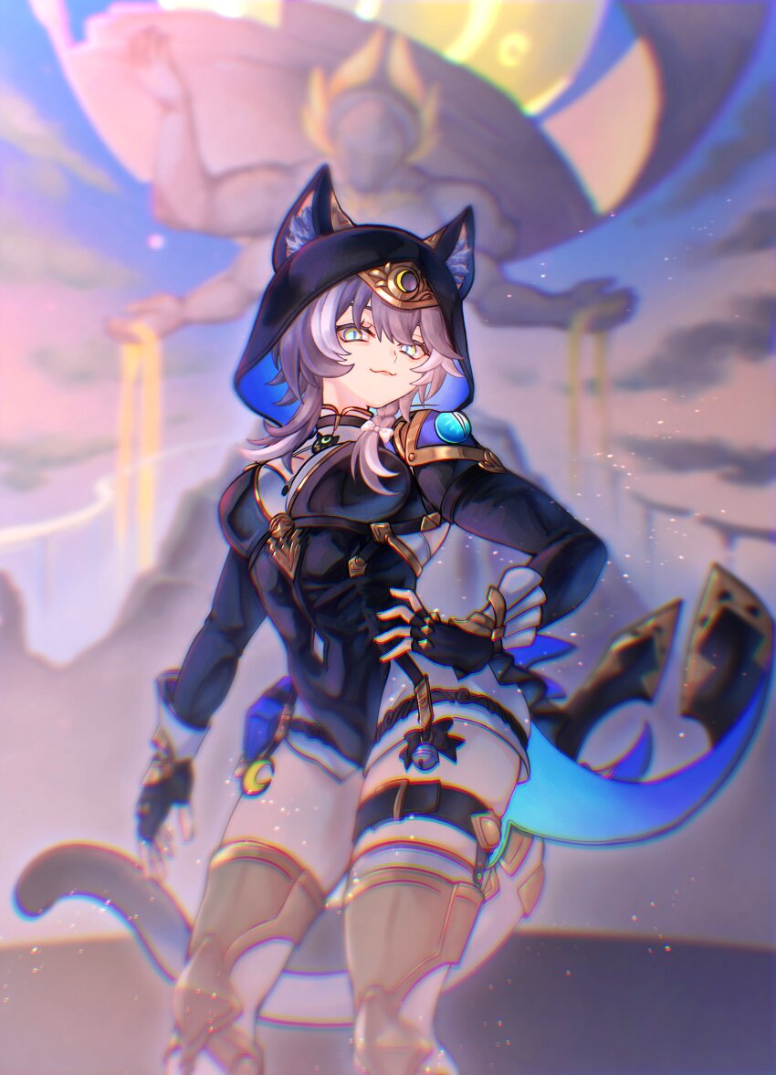 1girl, :3, absurdres, animal_ear_fluff, animal_ears, animal_hood, blue_eyes, boots, bow, braid, cat_ears, cat_girl, cat_hood, cat_tail, choker, cipher_(honkai:_star_rail), crescent, fingerless_gloves, gloves, gold_boots, grey_hair, hand_on_own_hip, highres, honkai:_star_rail, honkai_(series), hood, kephale_(honkai:_star_rail), leotard, single_braid, sky, tail, thigh_strap, w0rldm3lanch0ly, white_streaks