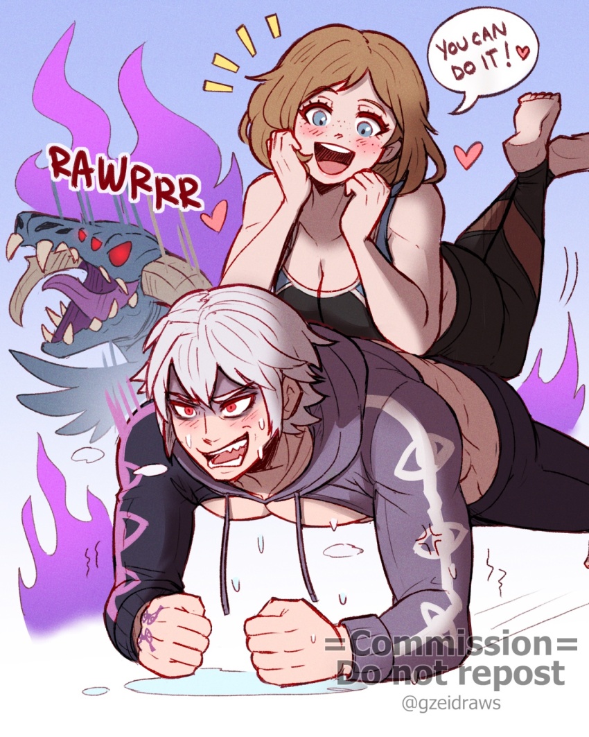 1boy, 1girl, alternate_costume, barefoot, blonde_hair, blue_eyes, breasts, cleavage