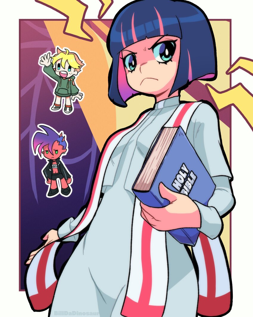 1boy, 2girls, absurdres, angel, angry, bastard_(psg), bible_(object), billdadinosaur