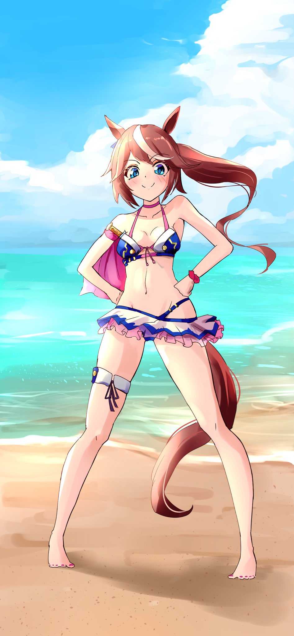 1girl, animal_ears, beach, bikini, blue_eyes, blush, bow, breasts