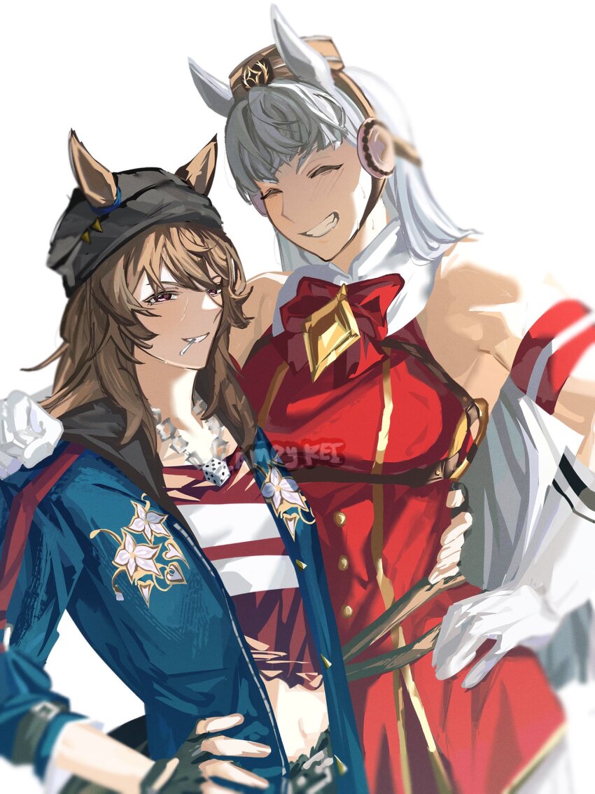 2girls, animal_ears, arm_around_shoulder, armband, beanie, blue_jacket, blunt_bangs, blush