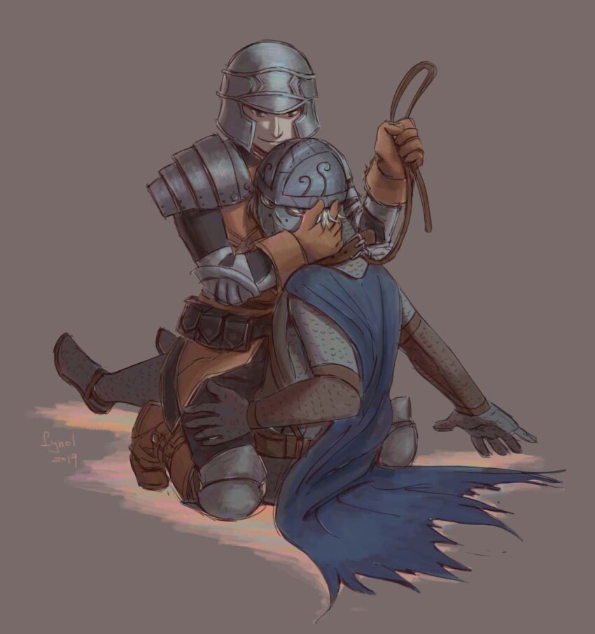 2boys, armor, black_pants, blue_cape, brown_gloves, cape, chainmail, closed_mouth