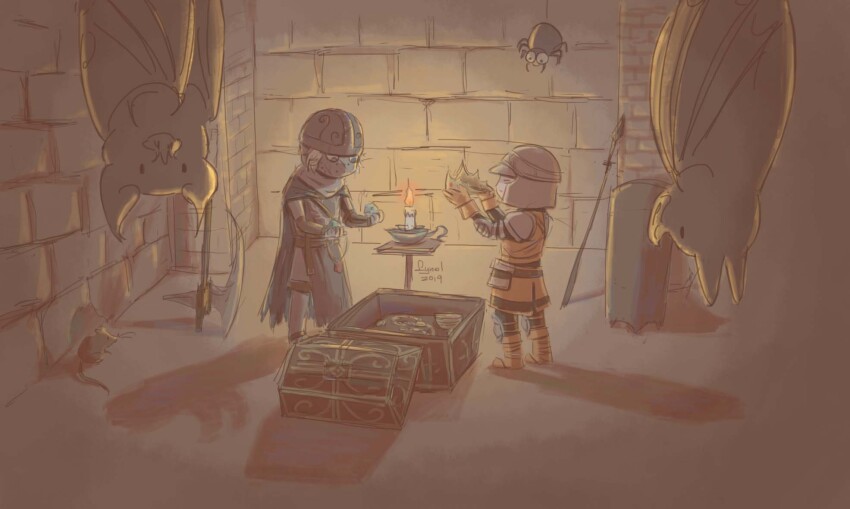 2019, 2boys, axe, bat_(animal), blue_cape, blue_eyes, boots, brick_wall