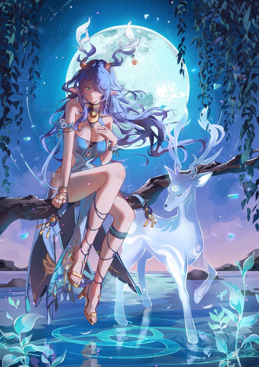 1girl, antler_ornament, antlers, bare_shoulders, blue_dress, blue_eyes, blue_hair, breasts