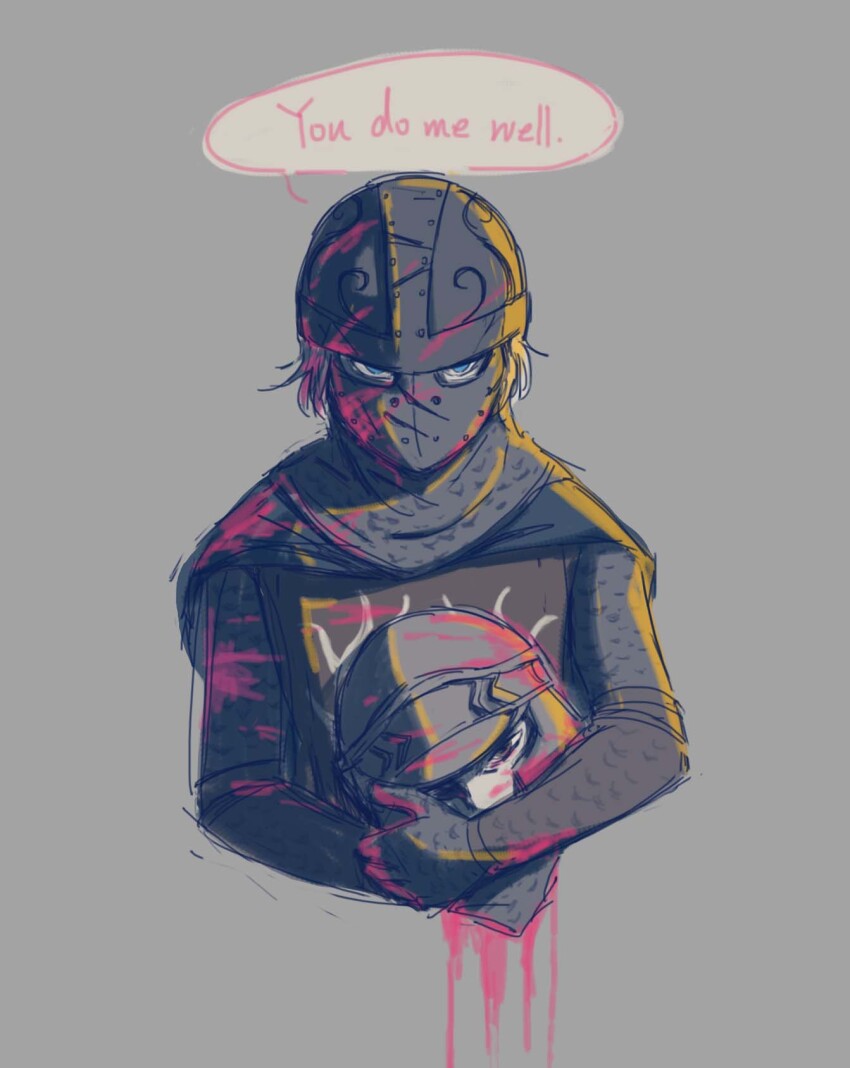 2boys, armor, blood, blood_on_face, blue_eyes, chainmail, commentary, creighton_of_mirrah