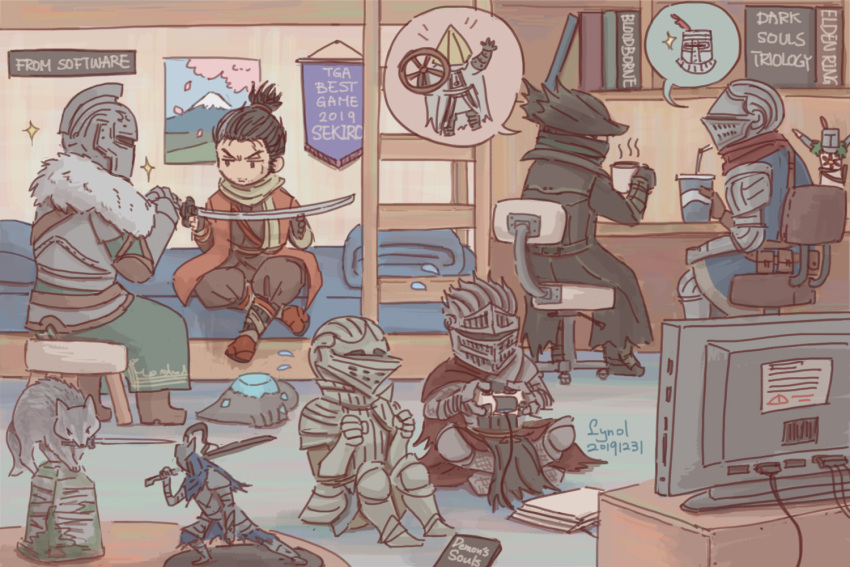 1boy, 5others, ambiguous_gender, armor, armored_boots, artorias_the_abysswalker, ashen_one_(dark_souls), bearer_of_the_curse