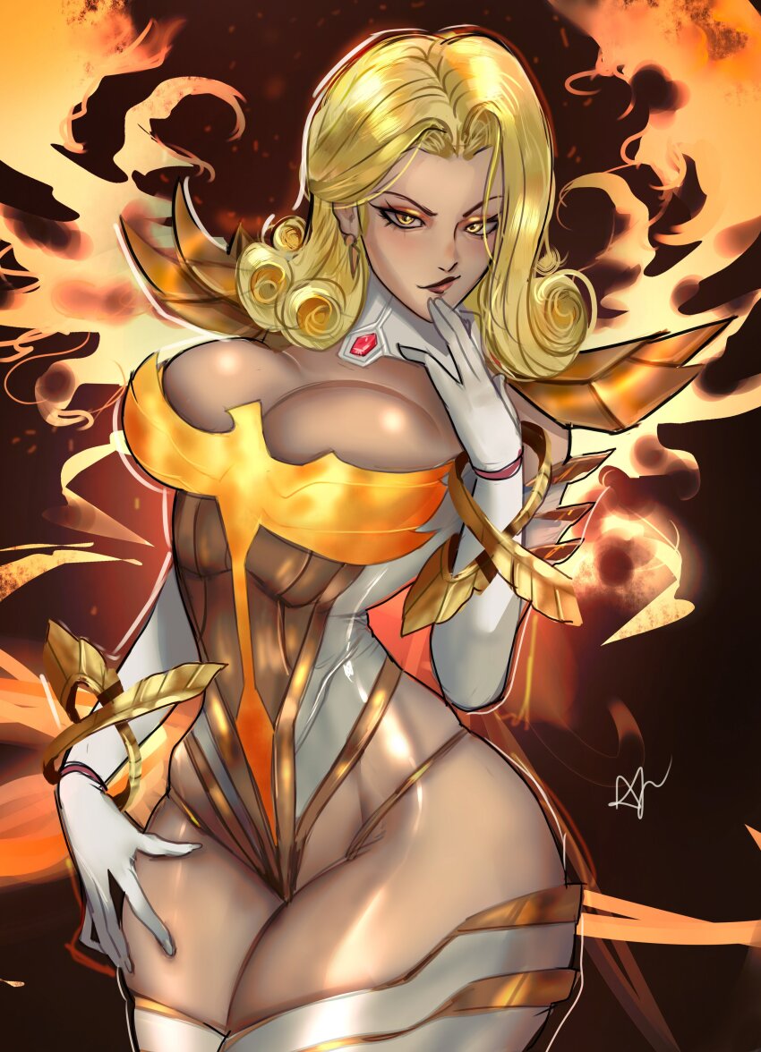 1girl, absurdres, arialla_draws, blonde_hair, boots, breasts, cleavage, closed_mouth, curly_hair, emma_frost, emma_frost_(phoenix_diamond), fire, gloves, high_heel_boots, high_heels, highleg, highleg_leotard, highres, jewelry, large_breasts, leotard, lipstick, long_hair, looking_at_viewer, magic, makeup, marvel, marvel_rivals, official_alternate_costume, seductive_smile, smile, solo, superhero_costume, thick_thighs, thigh_boots, thighs, white_boots, white_leotard, x-men, yellow_eyes