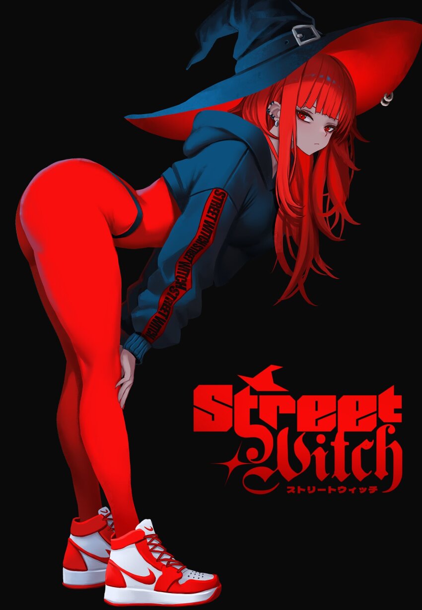1girl, ass, bent_over, black_background, black_hoodie, bodysuit, closed_mouth, commentary, cropped_hoodie, ear_piercing, earrings, english_text, expressionless, from_side, full_body, hands_on_own_knees, hat, highres, hood, hoodie, jewelry, long_hair, long_sleeves, looking_at_viewer, original, pantyhose, piercing, red_bodysuit, red_eyes, red_hair, shoes, sneakers, solo, two-sided_fabric, two-sided_headwear, val_(yan_kodiac), witch_hat, yan_kodiac