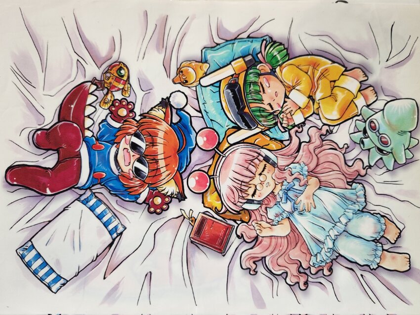 3girls, ai_(g-on_riders), alien, animal_ear_fluff, animal_ears, antennae, babydoll, barefoot