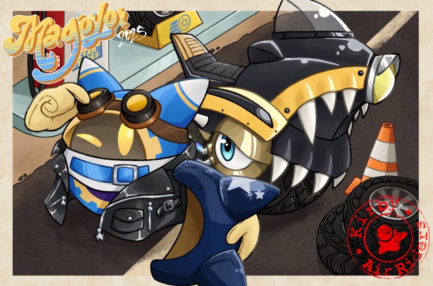 2025, alternate_costume, blue_eyes, character_name, goggles, goggles_on_head, helmet, highres, holding, holding_unworn_helmet, jacket, kirby_(series), kirby_air_ride, kirby_air_riders, leather, leather_jacket, looking_at_viewer, magolor, nintendo, no_humans, one_eye_closed, open_clothes, open_jacket, panflakez, rayman_limbs, rex_wheelie, star_(symbol), traffic_cone, unworn_headwear, unworn_helmet, watermark, wheelie_(kirby)