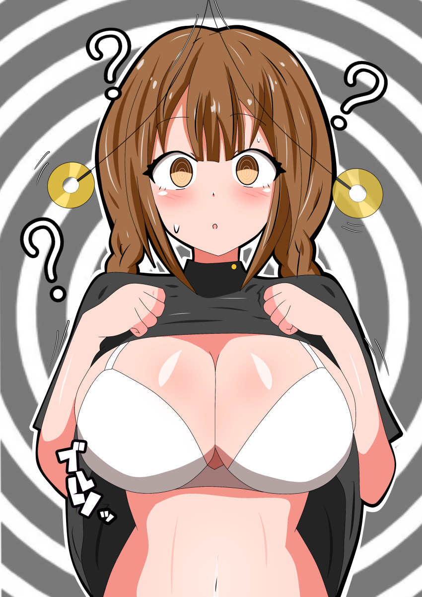 1girl, ?, @_@, absurdres, blush, bra, braid, breast_suppress, breasts, brown_eyes, brown_hair, center-flap_bangs, cinderella_series, clothes_lift, coin, coin_on_string, commentary_request, grey_background, hachigatsu_no_cinderella_nine, highres, holed_coin, hypnosis, joujima_momo, large_breasts, low_twin_braids, mind_control, motion_lines, navel, parted_lips, pendulum, ponoka_(happy1), shirt_lift, solo, straight-on, sweatdrop, symbol-shaped_pupils, tareme, twin_braids, underwear, white_bra