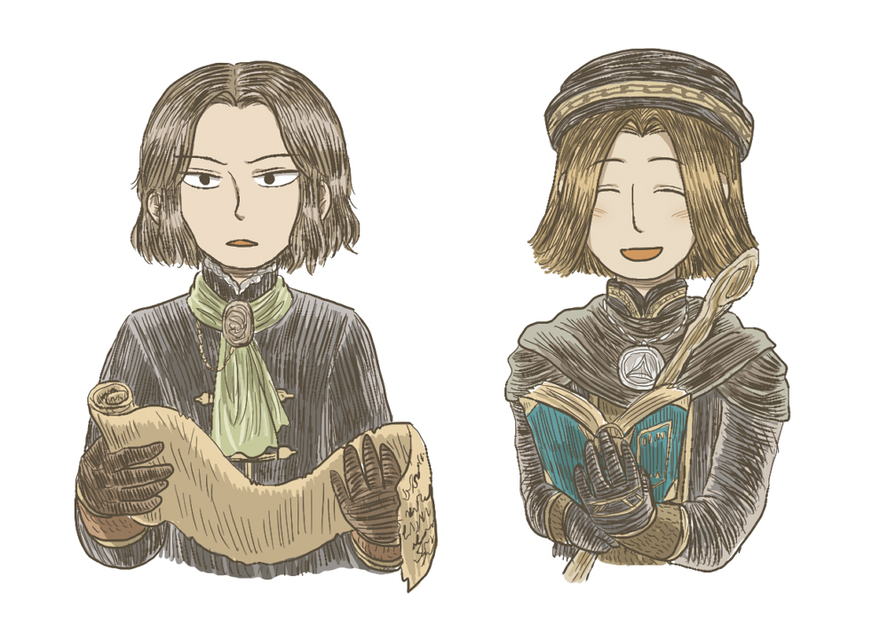 2boys, black_eyes, black_gloves, black_robe, book, brown_gloves, brown_hair, closed_eyes